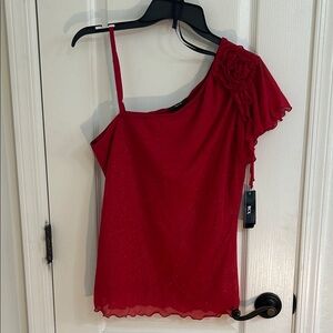 BCX Red One-Shoulder Blouse with Floral Rose Detail